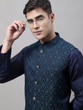 Jompers Men's Navy Blue and Green Woven Design Waistcoats