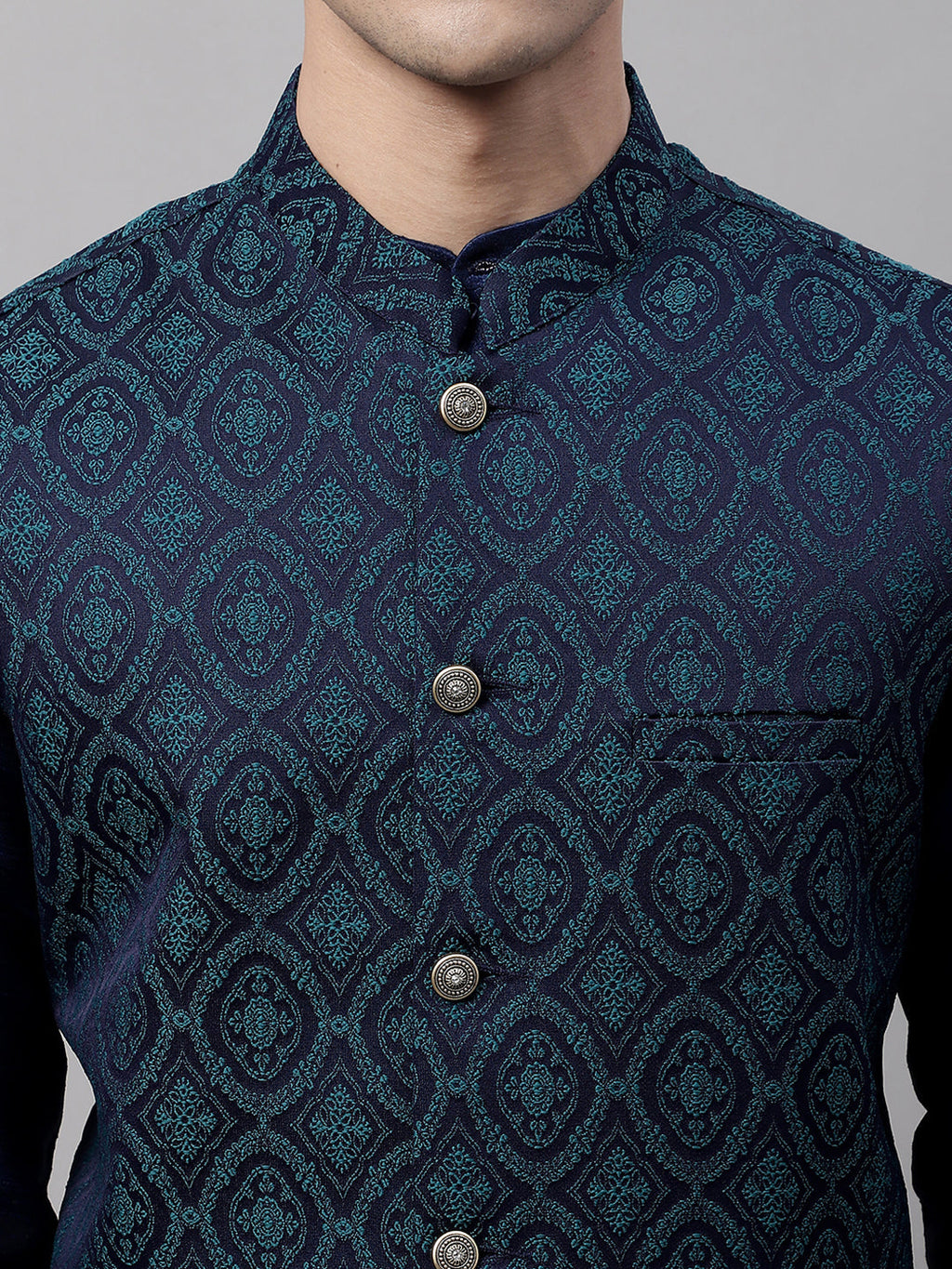 Jompers Men's Navy Blue and Green Woven Design Waistcoats