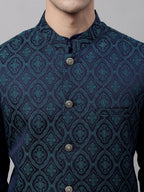 Jompers Men's Navy Blue and Green Woven Design Waistcoats