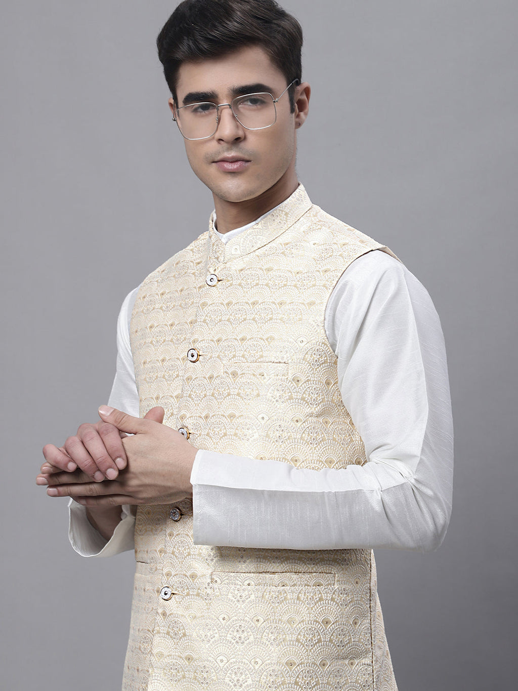 Jompers Men's Yellow and White Woven Design Nehru Jacket