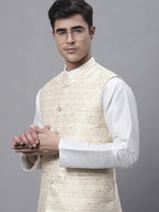 Jompers Men's Yellow and White Woven Design Nehru Jacket