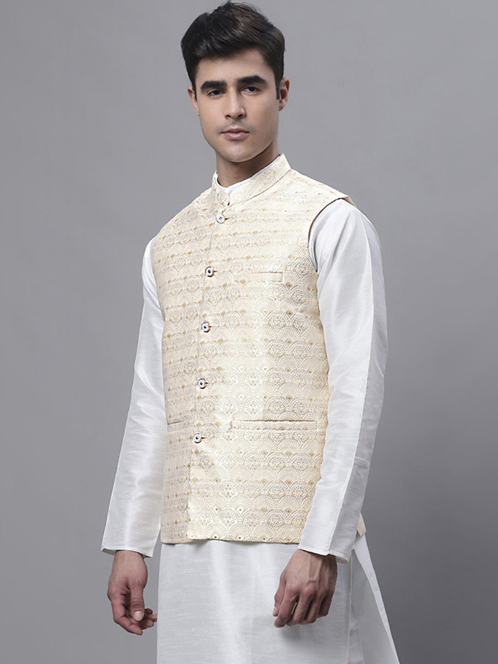 Jompers Men's Yellow and White Woven Design Nehru Jacket