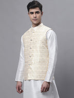 Jompers Men's Yellow and White Woven Design Nehru Jacket