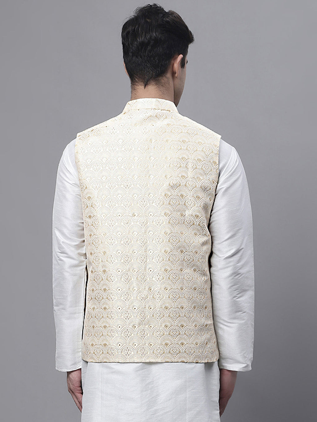 Jompers Men's Yellow and White Woven Design Nehru Jacket