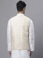 Jompers Men's Yellow and White Woven Design Nehru Jacket