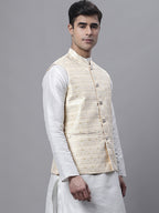 Jompers Men's Yellow and White Woven Design Nehru Jacket