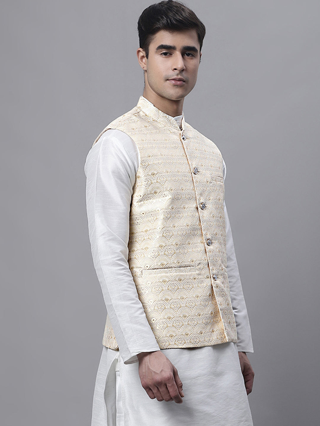 Jompers Men's Yellow and White Woven Design Nehru Jacket