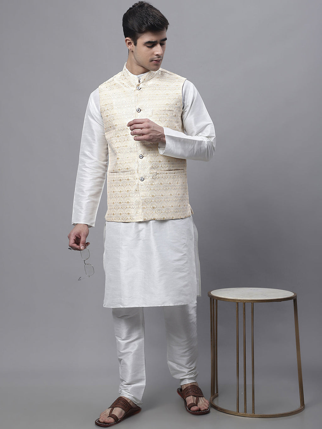 Jompers Men's Yellow and White Woven Design Nehru Jacket