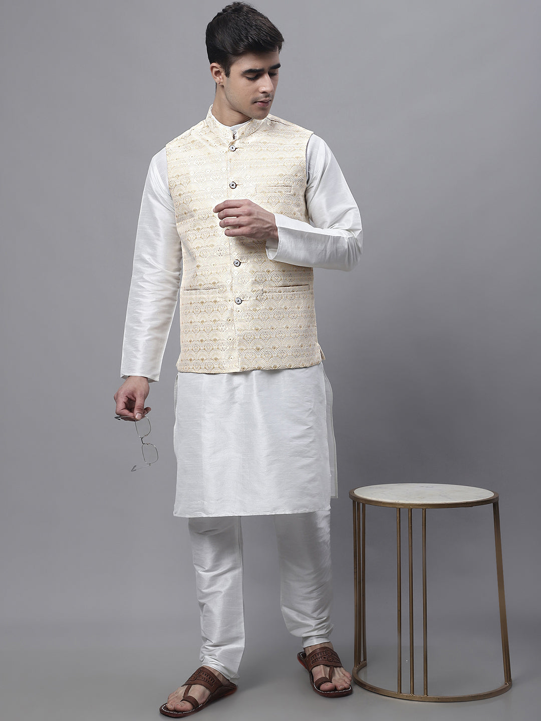 Jompers Men's Yellow and White Woven Design Nehru Jacket