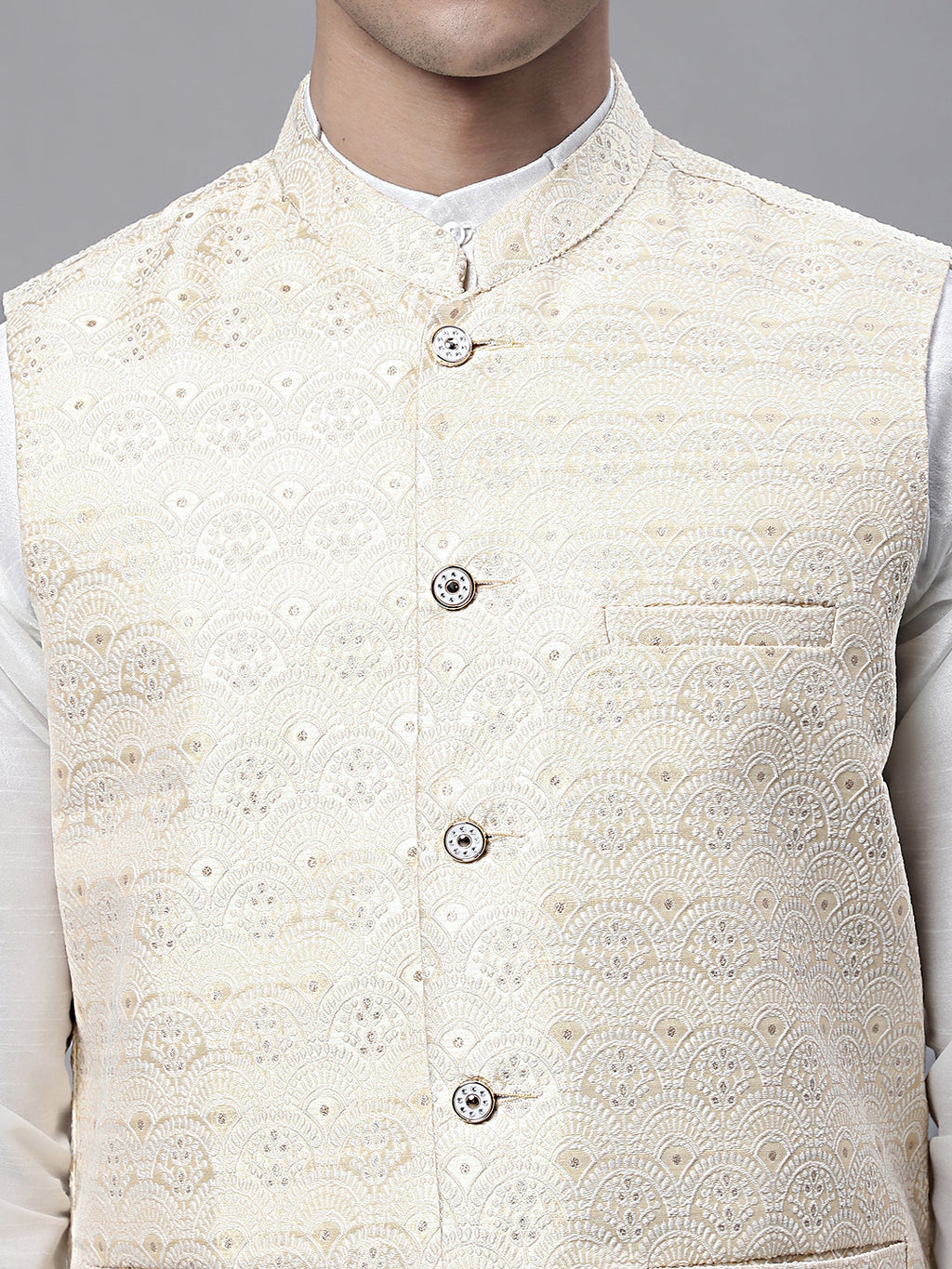 Jompers Men's Yellow and White Woven Design Nehru Jacket