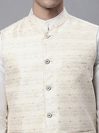 Jompers Men's Yellow and White Woven Design Nehru Jacket