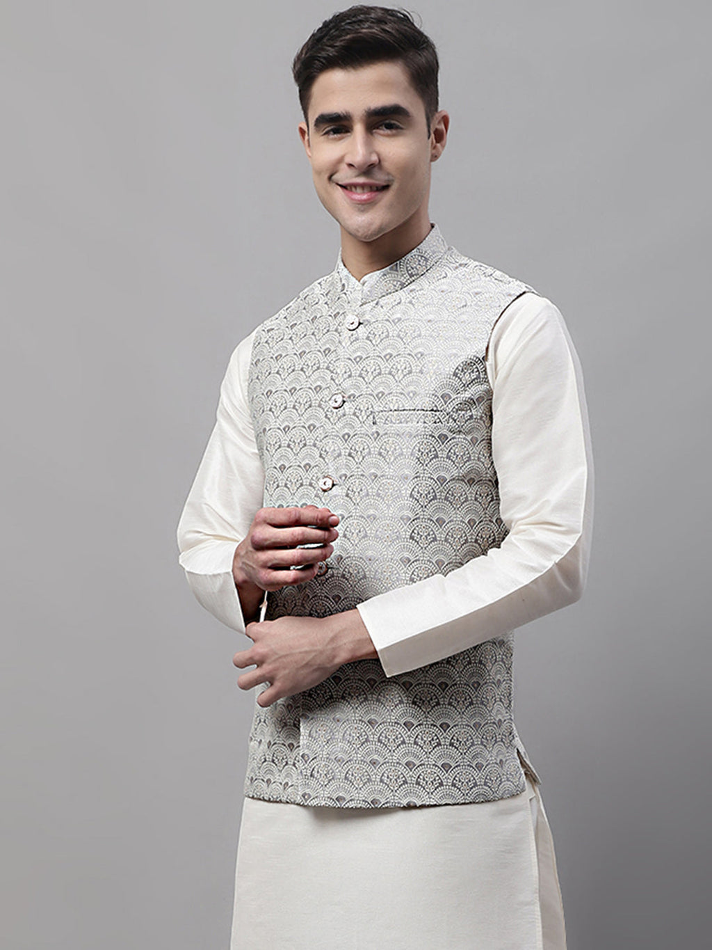 Jompers Men's Grey and White Woven Design Waistcoats