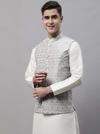 Jompers Men's Grey and White Woven Design Waistcoats