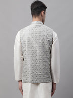 Jompers Men's Grey and White Woven Design Waistcoats