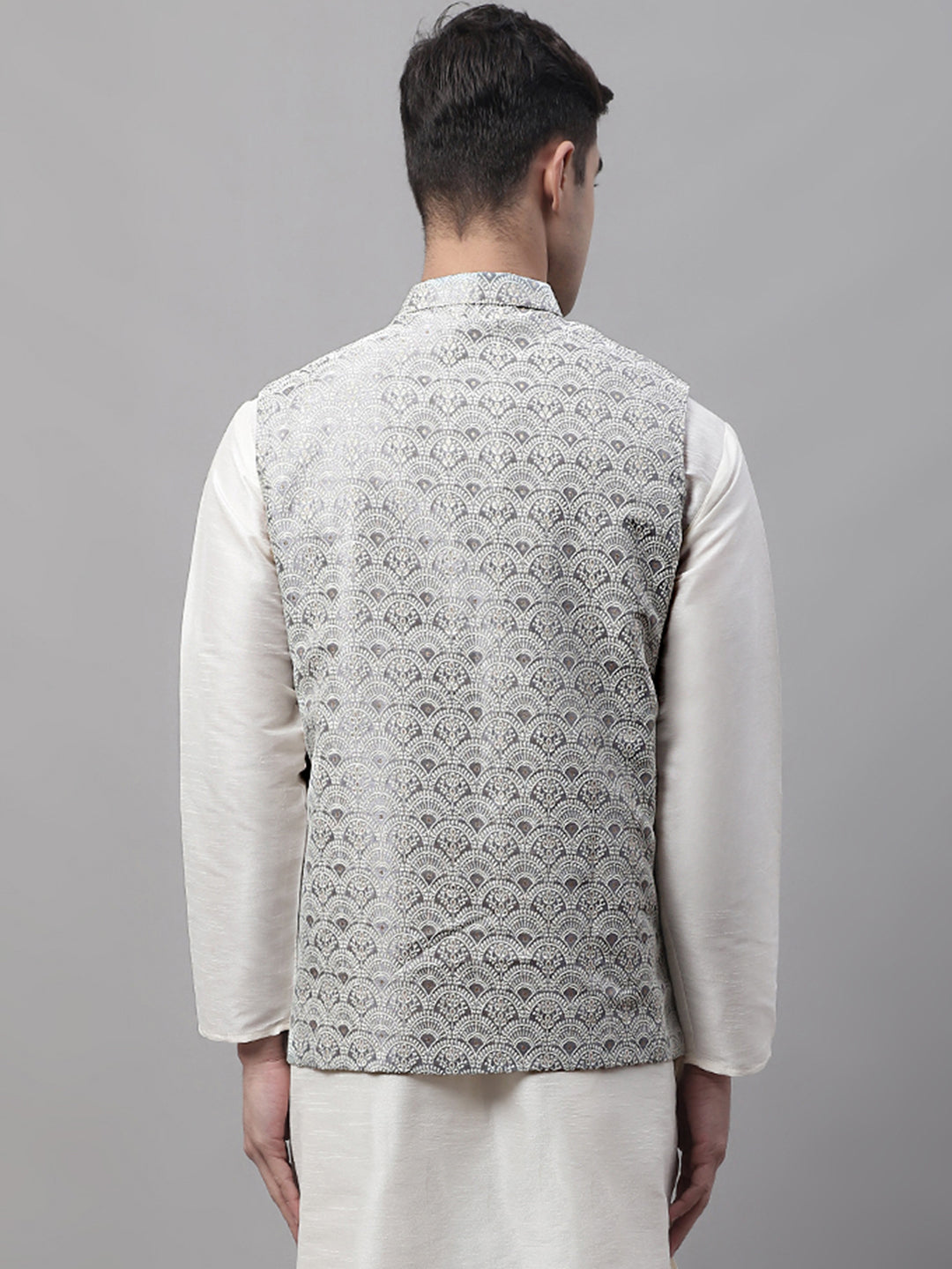 Jompers Men's Grey and White Woven Design Waistcoats