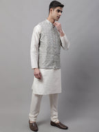 Jompers Men's Grey and White Woven Design Waistcoats
