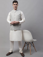 Jompers Men's Grey and White Woven Design Waistcoats