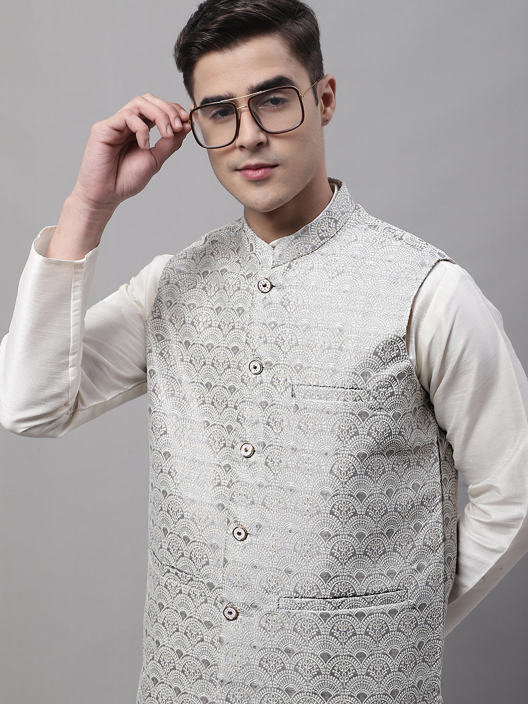 Jompers Men's Grey and White Woven Design Waistcoats