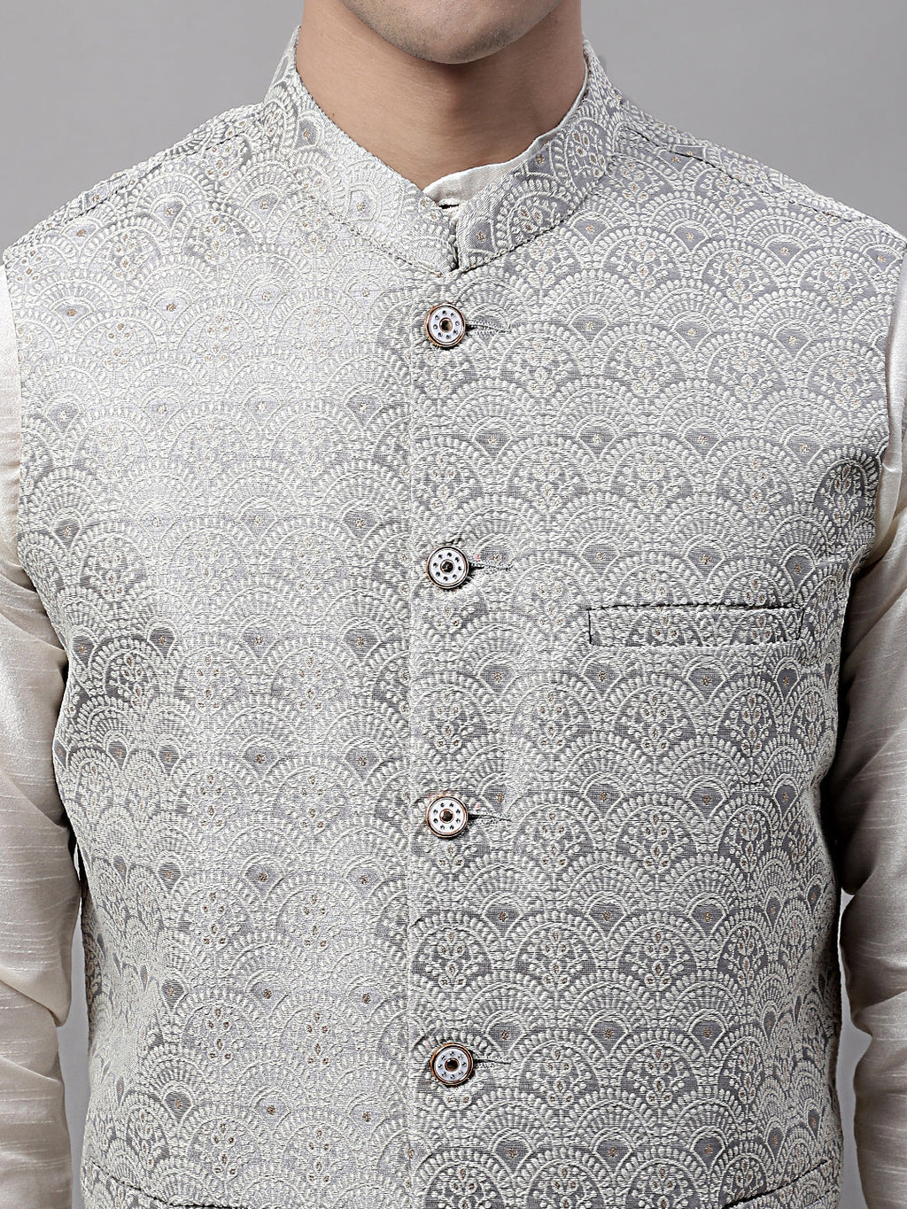 Jompers Men's Grey and White Woven Design Waistcoats