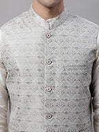 Jompers Men's Grey and White Woven Design Waistcoats