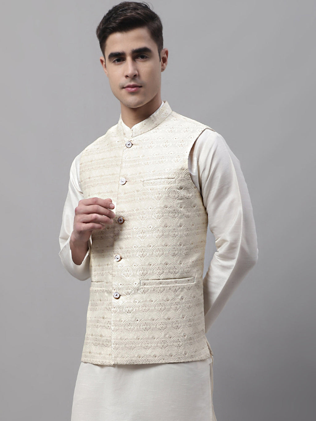 Jompers Men's Off White Woven Design Waistcoats