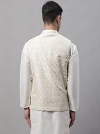 Jompers Men's Off White Woven Design Waistcoats