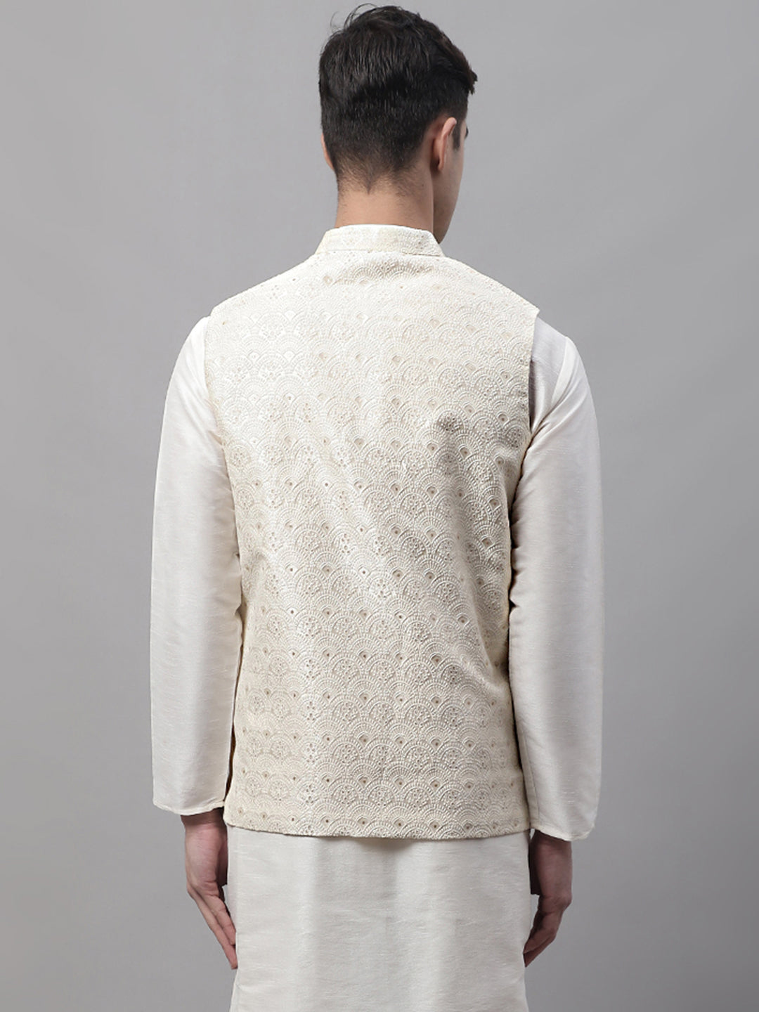 Jompers Men's Off White Woven Design Waistcoats