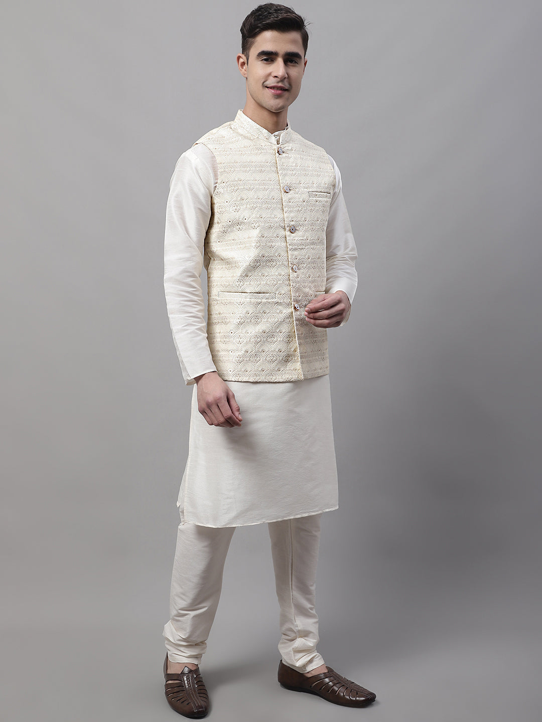 Jompers Men's Off White Woven Design Waistcoats