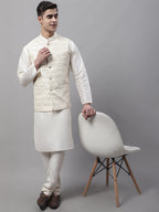 Jompers Men's Off White Woven Design Waistcoats