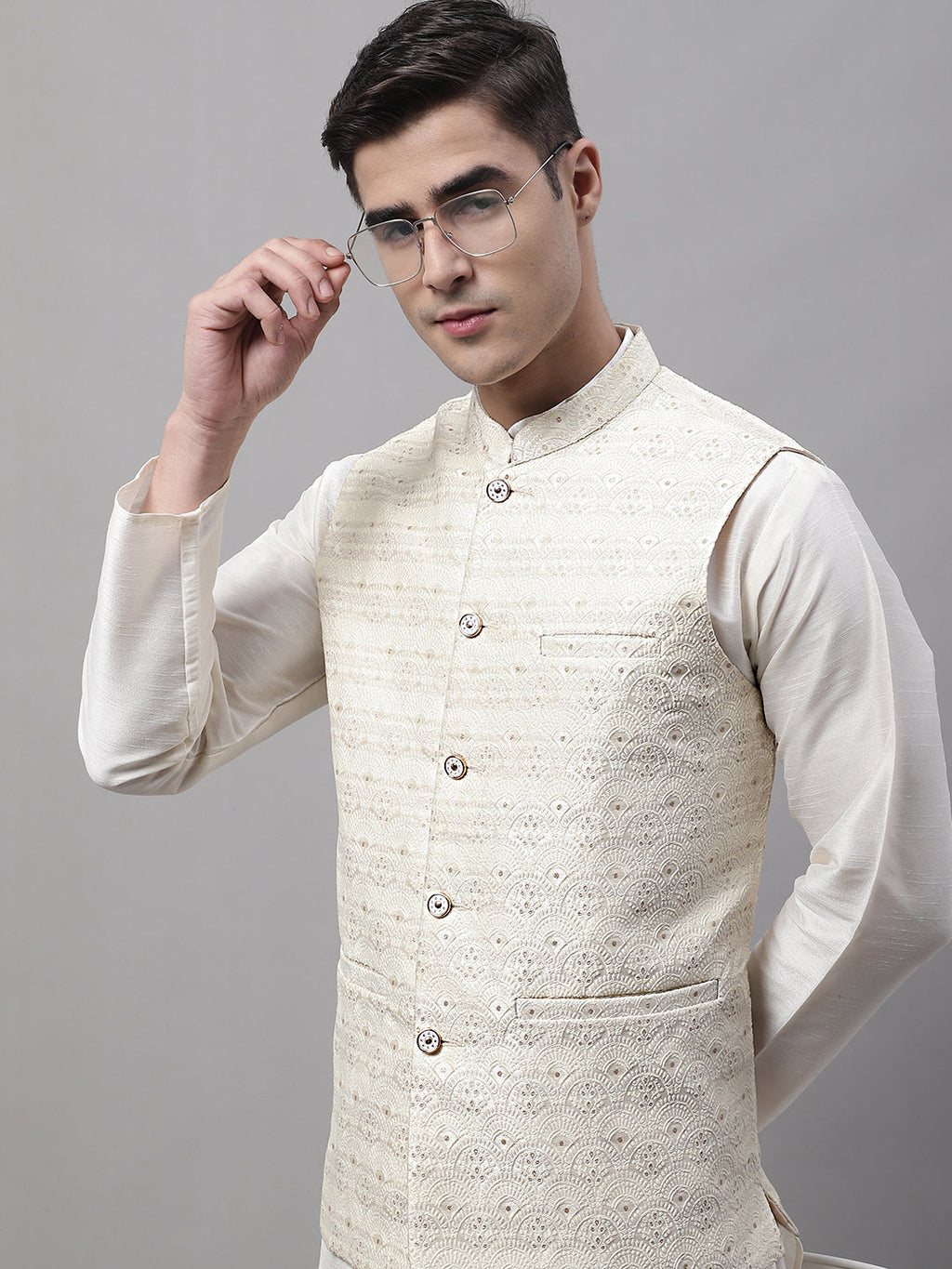 Jompers Men's Off White Woven Design Waistcoats