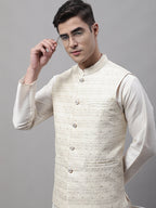 Jompers Men's Off White Woven Design Waistcoats