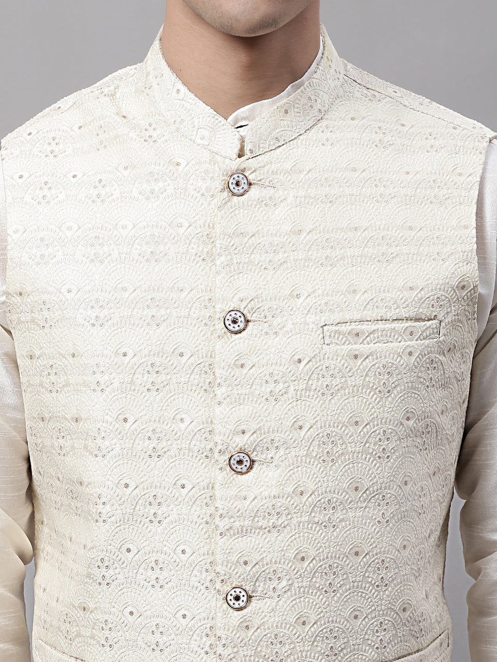 Jompers Men's Off White Woven Design Waistcoats