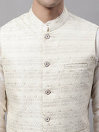 Jompers Men's Off White Woven Design Waistcoats