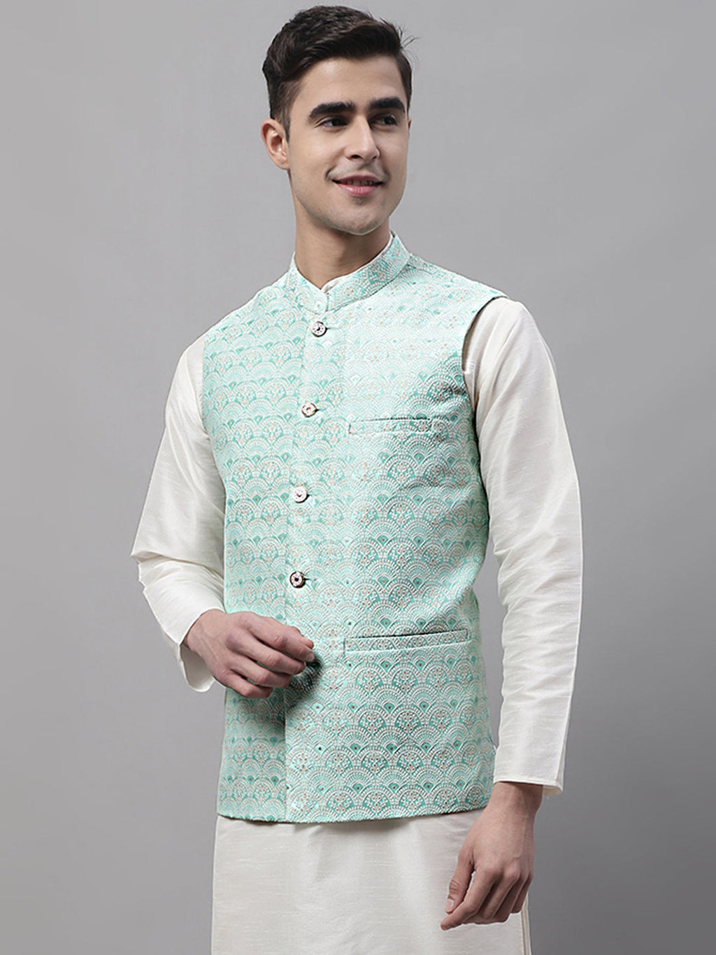Jompers Men's Sky Blue and White Woven Design Waistcoats