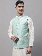 Jompers Men's Sky Blue and White Woven Design Waistcoats