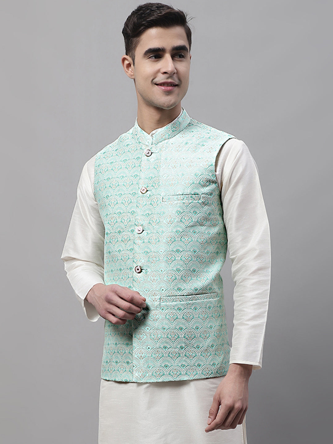 Jompers Men's Sky Blue and White Woven Design Waistcoats