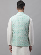 Jompers Men's Sky Blue and White Woven Design Waistcoats