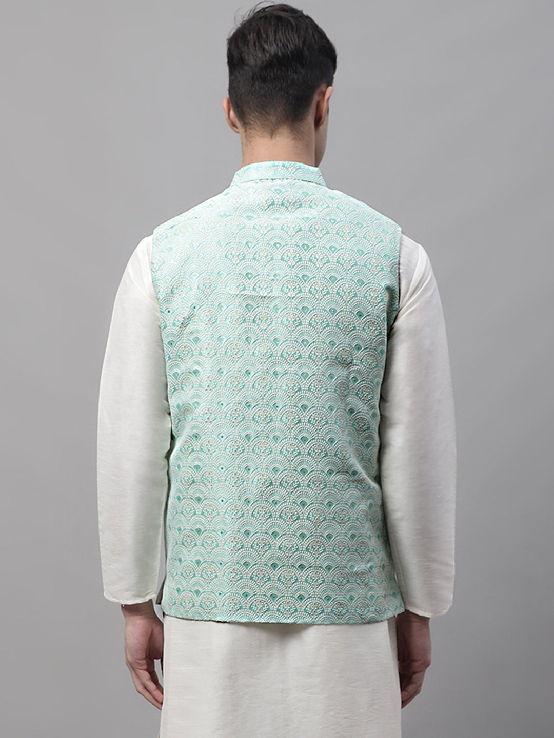 Jompers Men's Sky Blue and White Woven Design Waistcoats