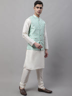 Jompers Men's Sky Blue and White Woven Design Waistcoats