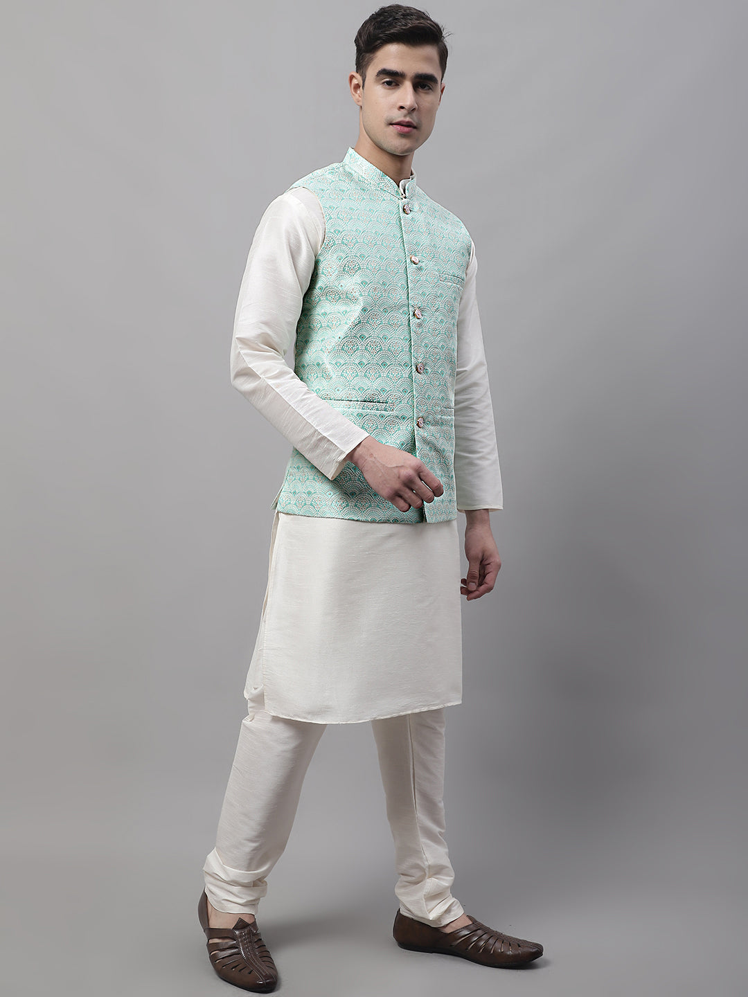 Jompers Men's Sky Blue and White Woven Design Waistcoats
