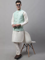 Jompers Men's Sky Blue and White Woven Design Waistcoats