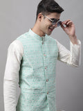 Jompers Men's Sky Blue and White Woven Design Waistcoats