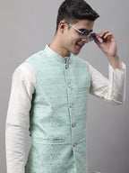 Jompers Men's Sky Blue and White Woven Design Waistcoats