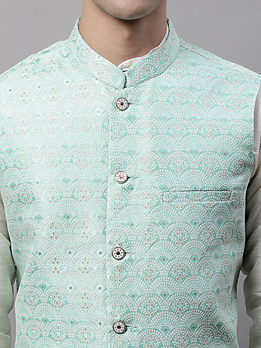 Jompers Men's Sky Blue and White Woven Design Waistcoats