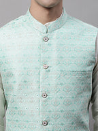Jompers Men's Sky Blue and White Woven Design Waistcoats