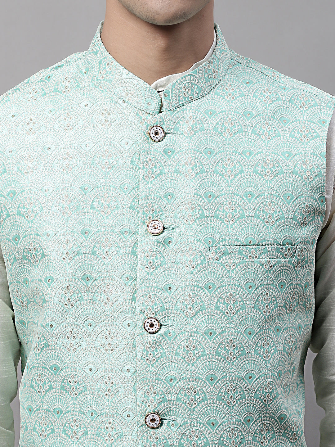 Jompers Men's Sky Blue and White Woven Design Waistcoats