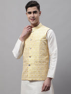 Jompers Men's Yellow and White Woven Design Waistcoats