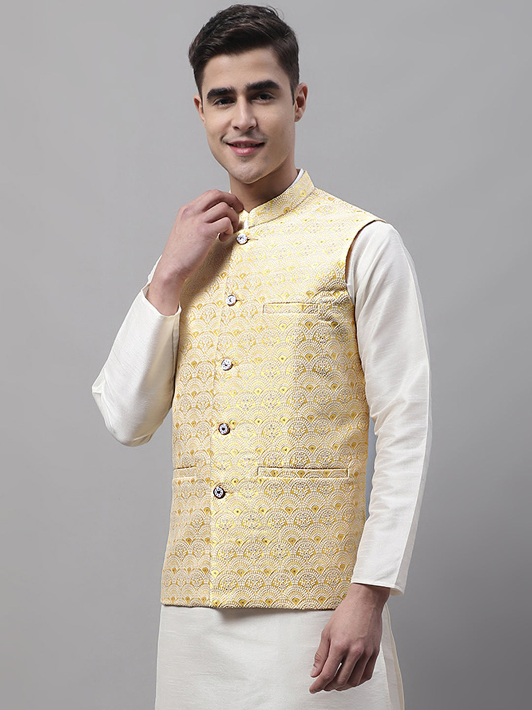 Jompers Men's Yellow and White Woven Design Waistcoats