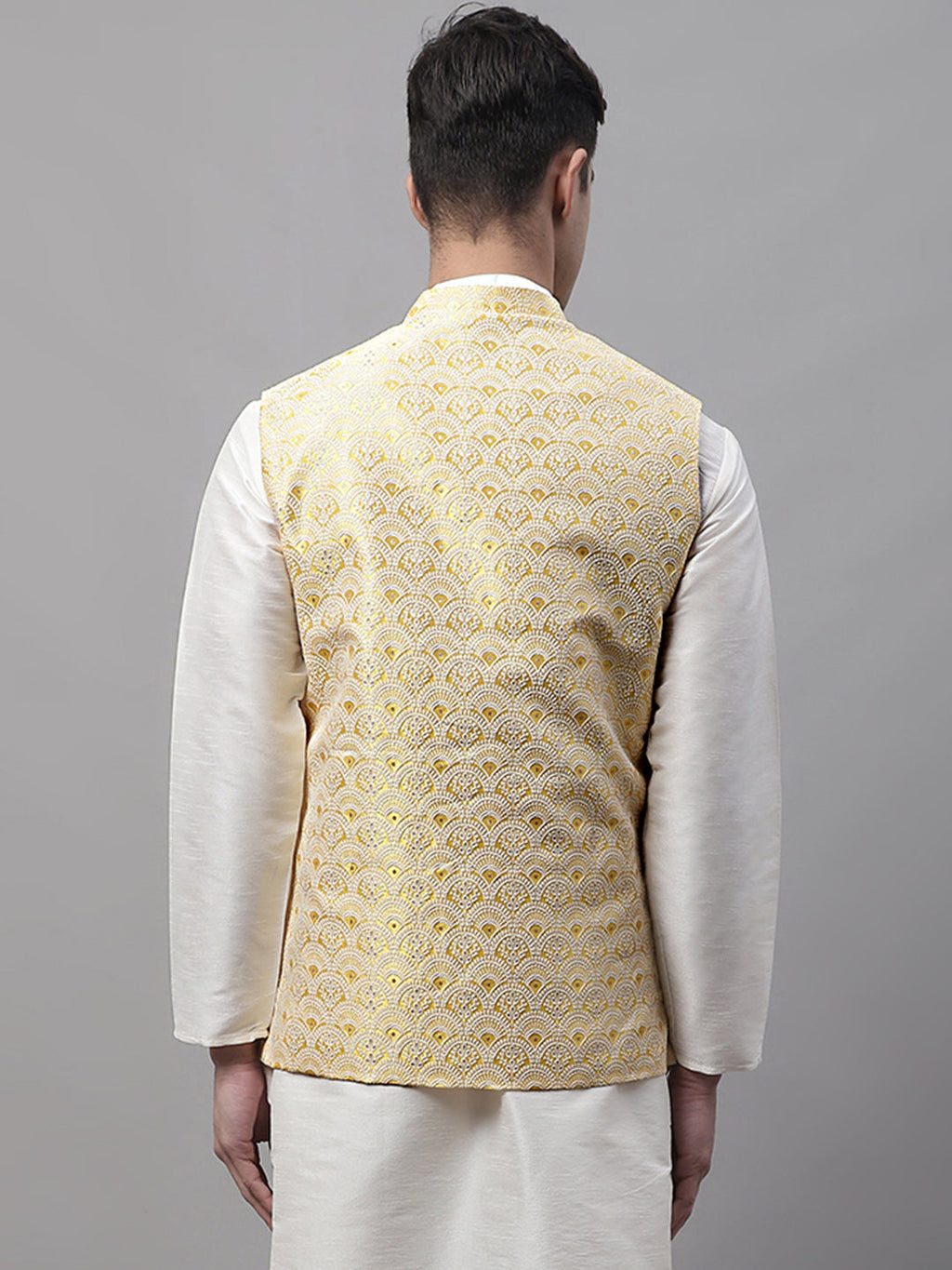 Jompers Men's Yellow and White Woven Design Waistcoats