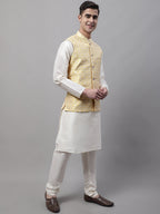 Jompers Men's Yellow and White Woven Design Waistcoats